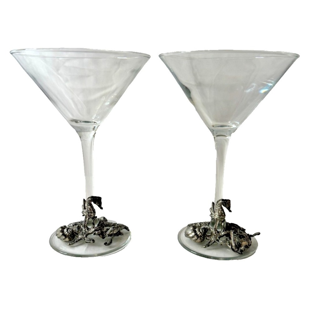 RARE Set of 2 Maurice Milleur Martini Glasses Pewter Seahorse Seashell Crab